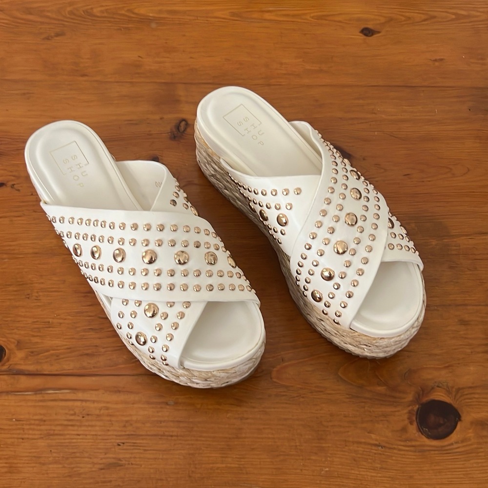 ShuShop Women's Platform Wedge Heels Cream Leather Sandals Size 8‎